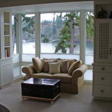 Master bedroom remodel with custom, built-in storage, bay seating area and waterfront views, Sun Day Cove, Bainbridge Island