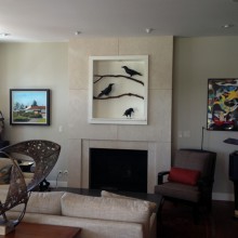Custom nook above fireplace designed at homeowner’s request to showcase art piece, Sun Day Cove, Bainbridge Island